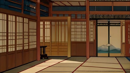 ゲーム背景　東洋伝統建築風室内風景