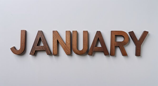 january word made of brown wood letters on plain white background