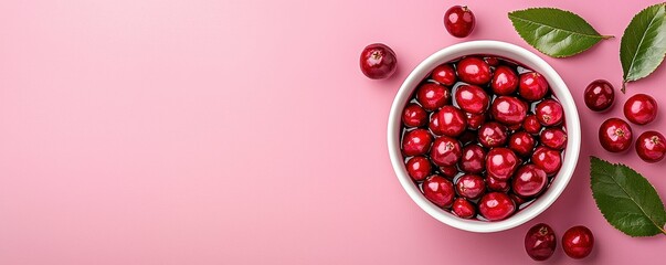 Fresh cranberries in a bowl on a pink surface.