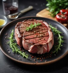 Sizzling raw ribeye steak on a plate garnished with fresh thyme and pepper , raw ribeye steak, dinner plate