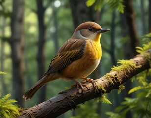 Small brown back and yellow belly bird perched in the forest , yellow belly, pine twig