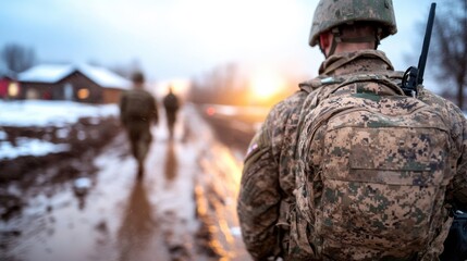 Soldiers navigating challenging terrain amidst harsh weather conditions