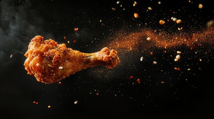Crispy fried chicken drumstick in motion with spices.