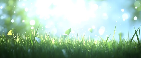 Obraz premium A fresh spring sunny garden background of green grass and blurred foliage bokeh.