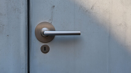 A simple, brushed metal door handle on a smooth concrete wall, emphasizing industrial minimalism