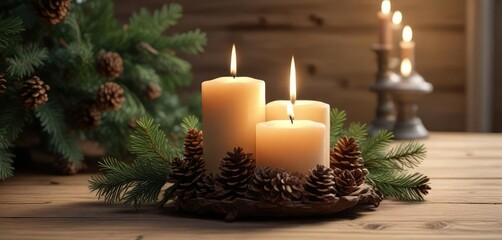 Softly glowing candle on wooden table with pine branches and pinecones surrounding it, nature, rustic decor, serenity