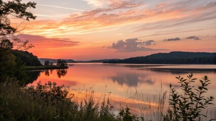 Naklejka premium Softly glowing sunset over a serene lake, natural beauty, gentle ripples, sunset
