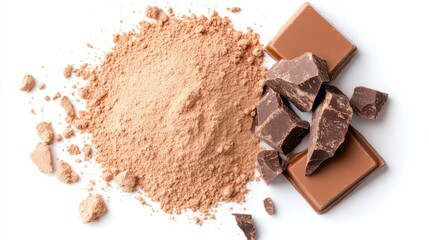Fototapeta premium Sweet delights from cocoa powder and dark chocolate pieces on white backdrop