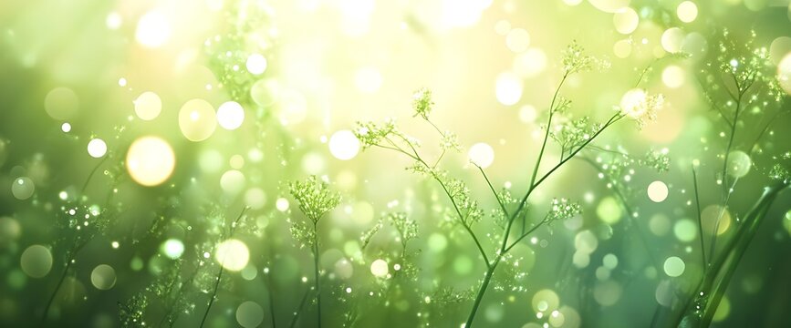 A fresh spring sunny garden background of green grass and blurred foliage bokeh.