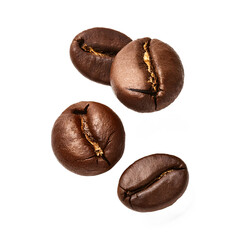 Close-up of four roasted coffee beans.