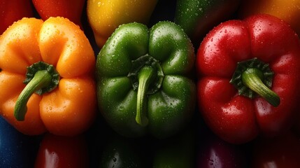 Vibrant display of multicolour peppers glistening in fresh moisture