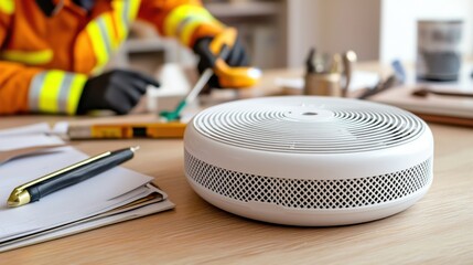 Smoke alarm checks. White smoke detector on a table with a worker in safety gear.
