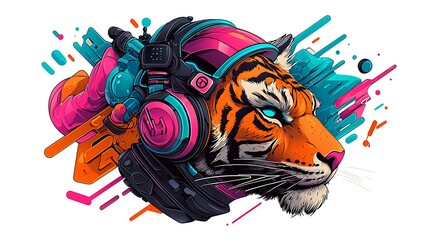 Obraz premium Colorful digital illustration of a tiger wearing headphones amidst vibrant abstract shapes and patterns
