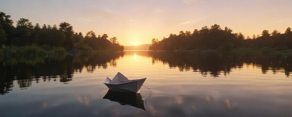 Paper boat glides effortlessly across a tranquil lake at sunset, floating object, gentle movement, natural scenery