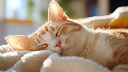 Cozy cat basks in morning light while peacefully sleeping on a couch