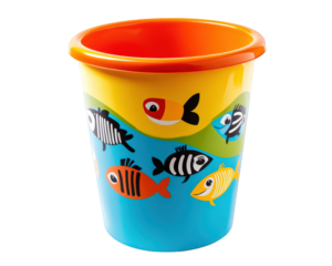 Colorful recycling bin designed for kids, featuring playful fish illustrations. Perfect for encouraging recycling habits in fun way