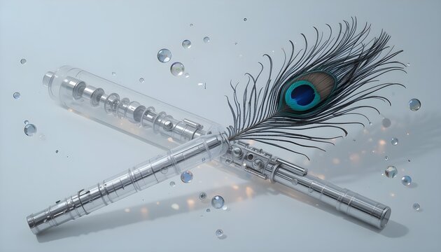 A beautifully crafted flute lies next to a vibrant peacock feather