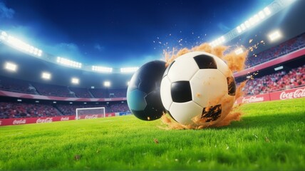 Fototapeta premium Soccer balls collide on field in stadium.
