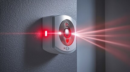 Smoke alarm checks. Security alarm system with red laser indicators on a wall.