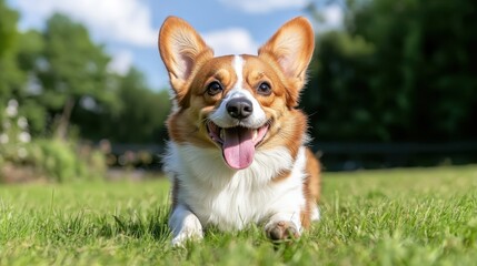 Joyful corgi dashes through vibrant green field on sunny afternoon