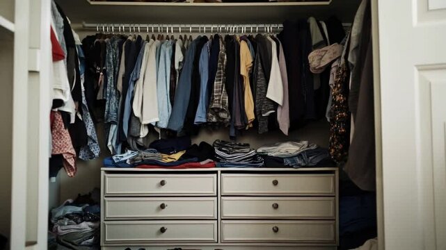 A Messy Closet: Clothes Overflowing and Piled High