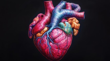 Naklejka premium A highly detailed and realistic illustration of the human heart, showcasing its intricate structure, veins, arteries, and chambers with vivid colors and precise anatomical accuracy.