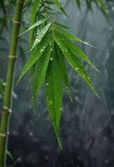 Fototapeta premium Raindrops cling to the surface of a single bamboo leaf, rainy weather, leaf surface,