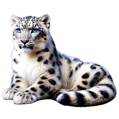 Fototapeta premium Calm snow leopard lying in a resting position with a thick white fur coat isolated on a clean PNG background, emphasizing the elegance and strength of this rare big cat, perfect for nature-inspired de