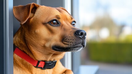 Dog daydreams while gazing out the window on a sunny afternoon
