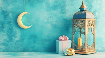 Ramadan crescent moon, lantern, gifts on blue background.