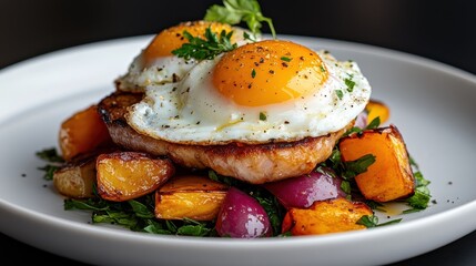 Delightful close-up of perfectly cooked fried eggs on a white plate