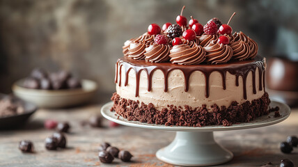Decadent chocolate cake topped with berries and chocolate ganache