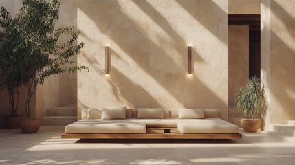 Cozy Minimalist Lounge Area with Soft Natural Light and Plants
