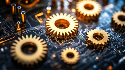 Gold Gears on Circuit Board in High-Tech Industrial Background