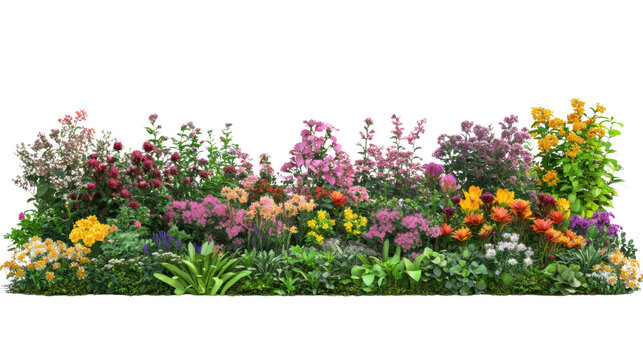 Fototapeta Colorful flower bed blooming with various flowers and plants on transparent background