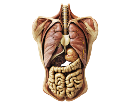 Anatomical illustration of human torso showing internal organs, muscles, and systems. This detailed representation highlights complexity of human anatomy and its functions