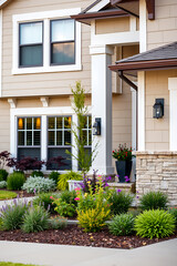 Obraz premium Dream Home Exterior: Modern House with Landscaped Garden. Beautiful architecture, design, and landscaping. Real estate photography