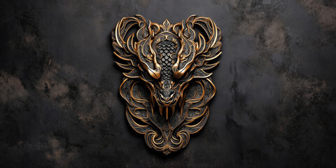 exclusive metal black badge with gilded edges in the form of a dragon's head close-up on a black background