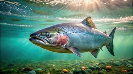 Salmon swimming near the surface of the water with a thin layer of slime on its body, fish scales, aquarium life, fish drool