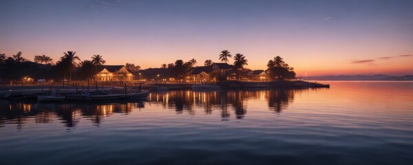 Fototapeta premium Serene bayside scene at dusk with warm moonlight casting a glow on the water, peaceful, reflection, misty atmosphere