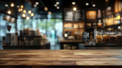 Cozy Coffee Shop Interior with Wooden Table and Warm Atmosphere