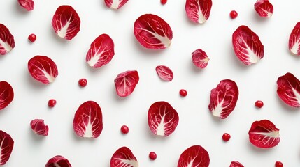 Vibrant Red Lettuce Leaves and Small Red Berries on White Background