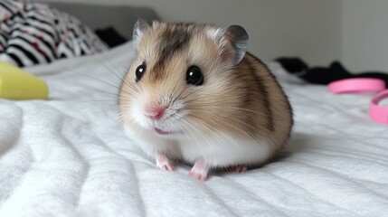 Obraz premium Cute and Fluffy Hamster Sitting on Soft Bedding in Living Room