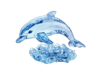 stunning ice dolphin sculpture gracefully leaping over crystal base, showcasing intricate details and clear, glossy finish. This piece captures beauty of marine life
