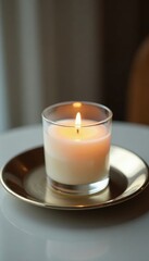 Single candle in a clear glass votive holder on a metal plate, plate, elegant, shine