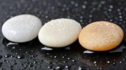 Smooth Wet Pebbles with Water Droplets on Dark Surface
