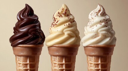 Delicious Ice Cream Cones with Chocolate, Vanilla, and White Flavors