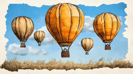 Fototapeta premium Whimsical Hot Air Balloons Soaring Above a Golden Field Under a Bright Blue Sky, an Artistic Illustration Evoking Freedom and Adve