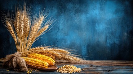 Golden Wheat and Corn on Wooden Table with Blue Background
