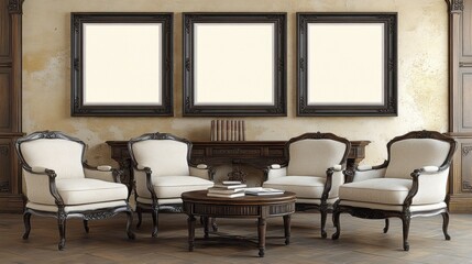 Elegant Vintage Living Room with Classic Furniture and Empty Frames